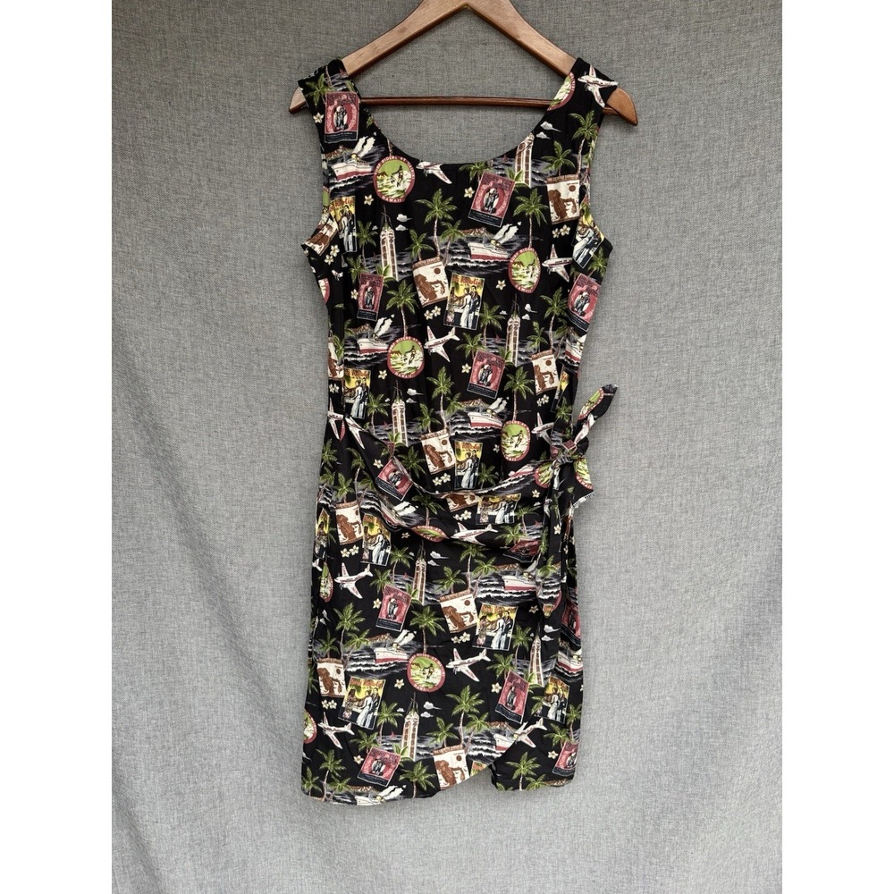 VTG Hilo Hattie Hawaiian Wrap Dress Sz XS Black 90s Retro Ships Plane Lei AOP